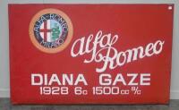 ALFA ROMEO: A hand painted metal Alfa Romeo 'Diana Gaze 1928 6c 1500cc s/c' sign, cut from the transporter of Gaze's 6C. 112cm wide.