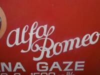 ALFA ROMEO: A hand painted metal Alfa Romeo 'Diana Gaze 1928 6c 1500cc s/c' sign, cut from the transporter of Gaze's 6C. 112cm wide. - 3
