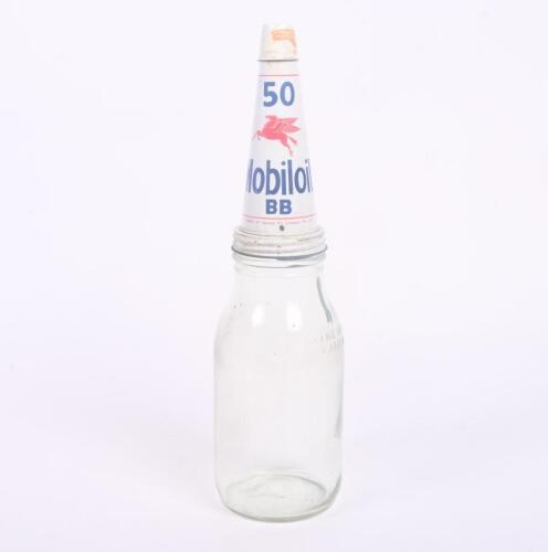 MOBIL: A original one litre glass oil bottle with Mobil '50 BB' grade tin top pourer with dust cap