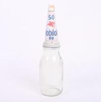 MOBIL: A original one litre glass oil bottle with Mobil '50 BB' grade tin top pourer with dust cap