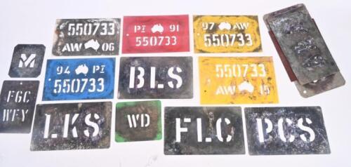STENCILS: A collection of approx 20 agricultural stencils, some tin and some plastic. Largest approx 25cm wide.