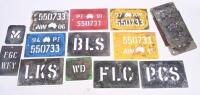 STENCILS: A collection of approx 20 agricultural stencils, some tin and some plastic. Largest approx 25cm wide.