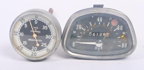 GAUGES: Two gauges including 80mph speedometer likely Motorcycle and one 'Stewart Warner' Tachometer.