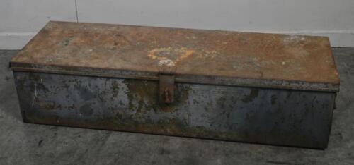 TOOL BOX: A long metal blue tool box, 88cm wide, 30cm deep, 20.5cm high.
