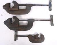 PIPE CUTTERS: Three heavy duty pipe cutters by Ridgid includes 2x No.4 and one other.