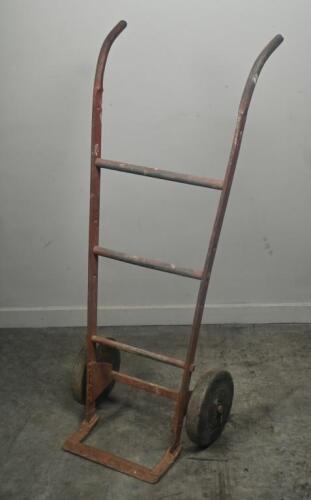 TROLLEY: A vintage red metal hand trolley, approx 100cm tall.