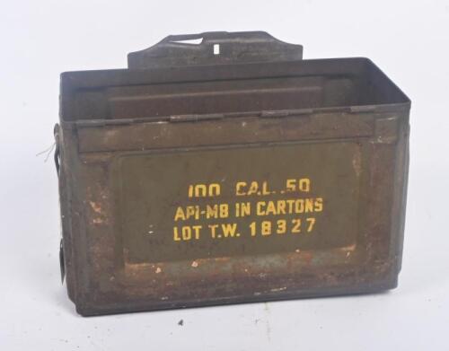 AMMO BOX: A WW2 era army ammunition box stamped '100 Cal.50 API-M8 In Cartons Lot T.W. 18327' 30cm wide