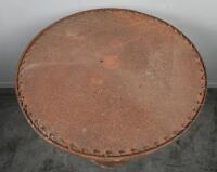 TABLE: A large standing rustic table with saw blade top, mounted to circular base. 90cm tall. - 3