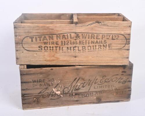 NAIL BOXES: Two timber boxes with Melbourne wire/nail advertising printed to outside, approx 56.5cm wide each