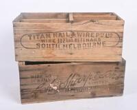 NAIL BOXES: Two timber boxes with Melbourne wire/nail advertising printed to outside, approx 56.5cm wide each