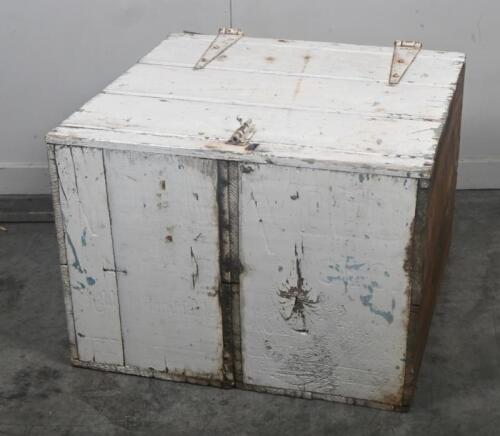 TIMBER CHEST: An excellent vintage timber chest made using two timber Vacuum Oil Company crates approx 53cm wide.