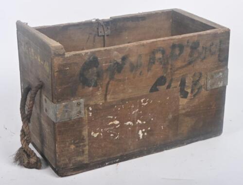 TIMBER BOX: A vintage timber box, possibly ammunition with rope handles to ends, 40cm wide
