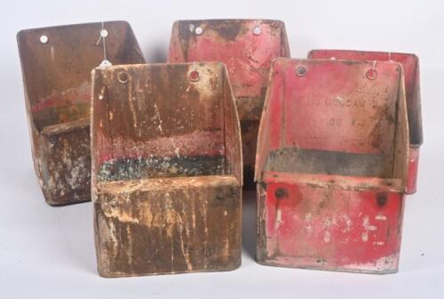 OIL TINS: A set of five Vacuum oil tins which have been cut for fire/sand bucket use, four approx 30cm high each, one smaller.