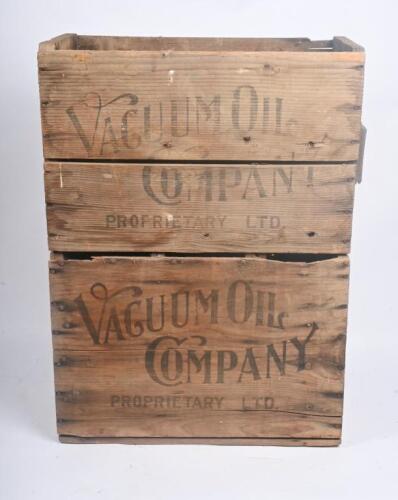 PLUME: Two vintage timber Plume Motor Spirit carrying boxes, with printed advertising to either side, each approx 53cm wide, 23cm deep 37cm high.