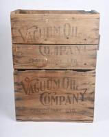 PLUME: Two vintage timber Plume Motor Spirit carrying boxes, with printed advertising to either side, each approx 53cm wide, 23cm deep 37cm high.&nbsp;