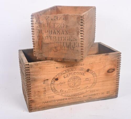 BOXES: Two vintage timber cartridge/explosives boxes, largest 26cm wide, 51cm deep, 27cm high.