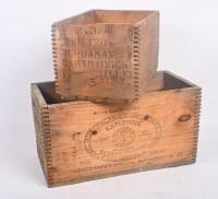 BOXES: Two vintage timber cartridge/explosives boxes, largest 26cm wide, 51cm deep, 27cm high.