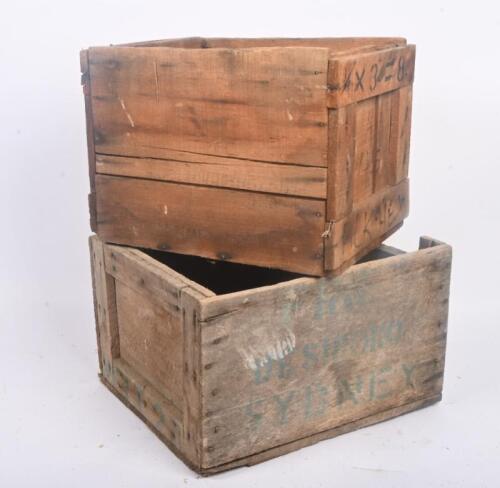 TIMBER BOXES: Two small timber boxes, possibly used for produce or supplies, largest 35cm wide, 39cm deep, 24cm high.
