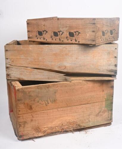 TIMBER BOXES: A collection of three timber boxes one printed with 'A Product of Sidney Cooke Limited Brunswick Victoria. 6'. Largest measures approx 35cm wide, 59cm deep, 32cm high