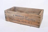 TIMBER BOXES: A collection of three timber boxes one printed with 'A Product of Sidney Cooke Limited Brunswick Victoria. 6'. Largest measures approx 35cm wide, 59cm deep, 32cm high - 7