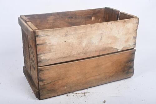 TIMBER BOXES: Two vintage timber boxes one printed to side with 'A.H. Smith Yea & Wangaratta' a cordial/soft drink company, other unmarked. Largest measures approx 31cm wide, 56cm deep, 18cm high