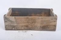TIMBER BOXES: Two vintage timber boxes one printed to side with 'A.H. Smith Yea & Wangaratta' a cordial/soft drink company, other unmarked. Largest measures approx 31cm wide, 56cm deep, 18cm high - 5