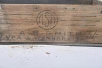 TIMBER BOXES: Two vintage timber boxes one printed to side with 'A.H. Smith Yea & Wangaratta' a cordial/soft drink company, other unmarked. Largest measures approx 31cm wide, 56cm deep, 18cm high - 6