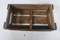 TIMBER BOXES: Two vintage timber boxes one printed to side with 'A.H. Smith Yea & Wangaratta' a cordial/soft drink company, other unmarked. Largest measures approx 31cm wide, 56cm deep, 18cm high - 9
