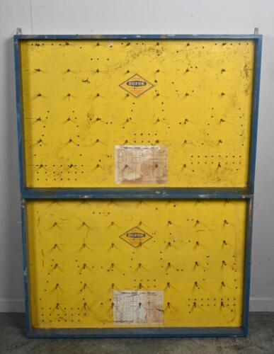 TOOL RACK: Two Dunfor Tools Australia spanner/wrench racks, timber with mounted hooks for hanging, likely used as a shop display. Each approx 91cm wide, 61cm high
