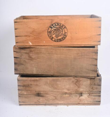 TIMBER BOXES: Three timber boxes including two printed with 'Sidney Cooke Limited Brunswick' to side, the other with 'Stanley Wine Company'. Largest measures 38cm wide, 57cm deep, 21cm high.