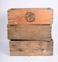 TIMBER BOXES: Three timber boxes including two printed with 'Sidney Cooke Limited Brunswick' to side, the other with 'Stanley Wine Company'. Largest measures 38cm wide, 57cm deep, 21cm high.