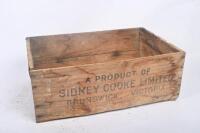 TIMBER BOXES: Three timber boxes including two printed with 'Sidney Cooke Limited Brunswick' to side, the other with 'Stanley Wine Company'. Largest measures 38cm wide, 57cm deep, 21cm high. - 3