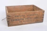 TIMBER BOXES: Three timber boxes including two printed with 'Sidney Cooke Limited Brunswick' to side, the other with 'Stanley Wine Company'. Largest measures 38cm wide, 57cm deep, 21cm high. - 10