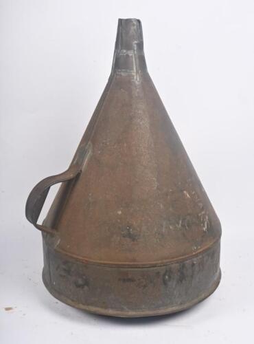 GAZE/DAVIDSON: A early large hand held fuel funnel/churn as used on the Tony Gaze/Lex Davidson Ferrari. Churn with brass 'COR' Commonwealth Oil Refineries plaque to base, approx 70cm high.