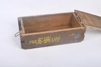 CARTRIDGE BOX: A timber hinged lid government cartridges/explosives box, dated to side '11-5-62', '762 Blank LIA2'. Measures approx 24cm wide, 49cm deep, 16cm high. - 4
