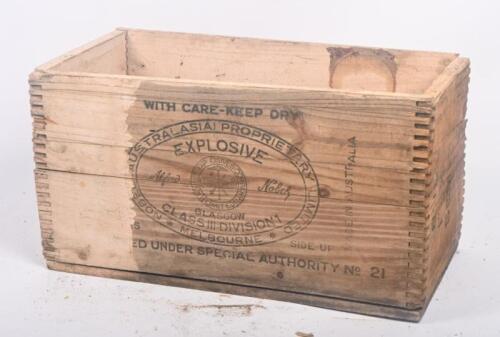 ALFRED NOBELS: A vintage timber 'Alfred Nobel's Australiasia Explosives' box, approx 26cm wide, 51cm deep, 27.5cm high