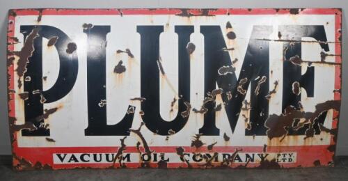 PLUME: A large original 6x3 'Plume Vacuum Oil Company' enamel sign 183cm wide, 92cm high.