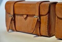 TOOL POUCHES: Two modern thick&nbsp;leather tool pouches in&nbsp;galvanised metal cases [Sydney] - 7