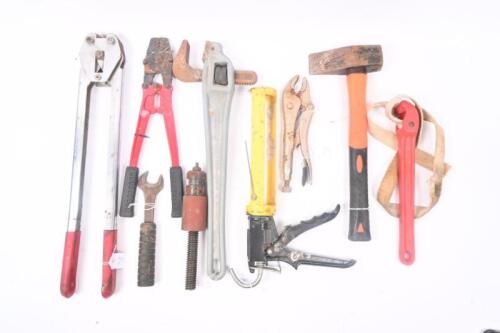 TOOLS: A group lot of miscellaneous tools including Ridgid pipe wrench, crimping tool and others.