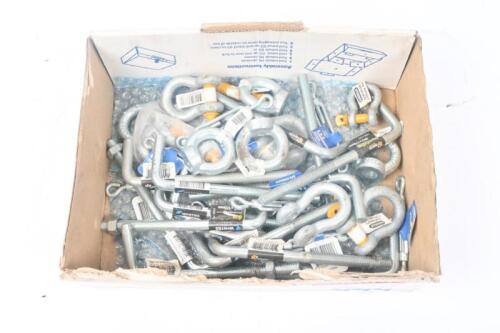 HARDWARE: A box lot of new hardware including D shackles, foundation bolts, turnbuckles & eye nuts.