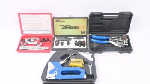 TOOLS: Four boxed tools including Rimac 2836 double flaring tool, Tor-kit-out impulse release, power punch kit and heavy duty tacker gun.