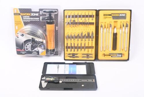TOOLS: Three tools by WorkZone including hobby knife set, digital caliper and liquid transfer pump