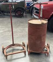 TROLLEYS: Two vintage Pelco oil drum trolleys, one with Mobiloil Gargoyle drum.&nbsp;