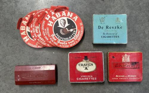 SMOKING: A collection of items relating to smoking including three cigarette tins, a bakelite Wardonia case, and a collection of Habana note pads.