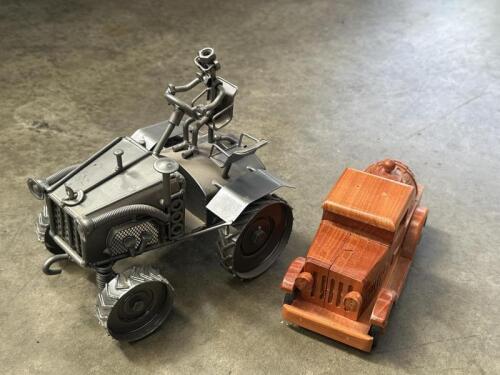 MODELS: Two modern models including wooden truck puzzle model in hot rod styling and steel model tractor.
