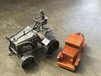 MODELS: Two modern models including wooden truck puzzle model in hot rod styling and steel model tractor.&nbsp;