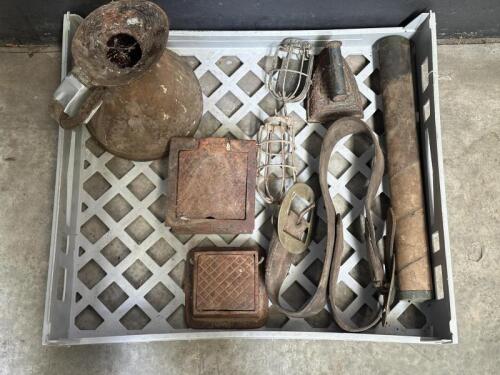 SUNDRIES: A interesting lot including oil jug, vintage iron, valve covers, small wire light fittings and others.