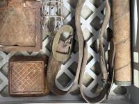 SUNDRIES: A interesting lot including oil jug, vintage iron, valve covers, small wire light fittings and others. - 2