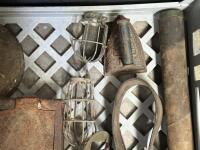 SUNDRIES: A interesting lot including oil jug, vintage iron, valve covers, small wire light fittings and others. - 3