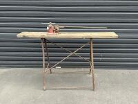 PIPE BENDING: A vintage timber work bench with McPhersons steel bending tool, approx 153cm wide, 60cm deep, 93cm tall.